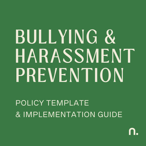 Text 'Bullying & Harassment Prevention Policy Template & Implementation Guide' on a green background